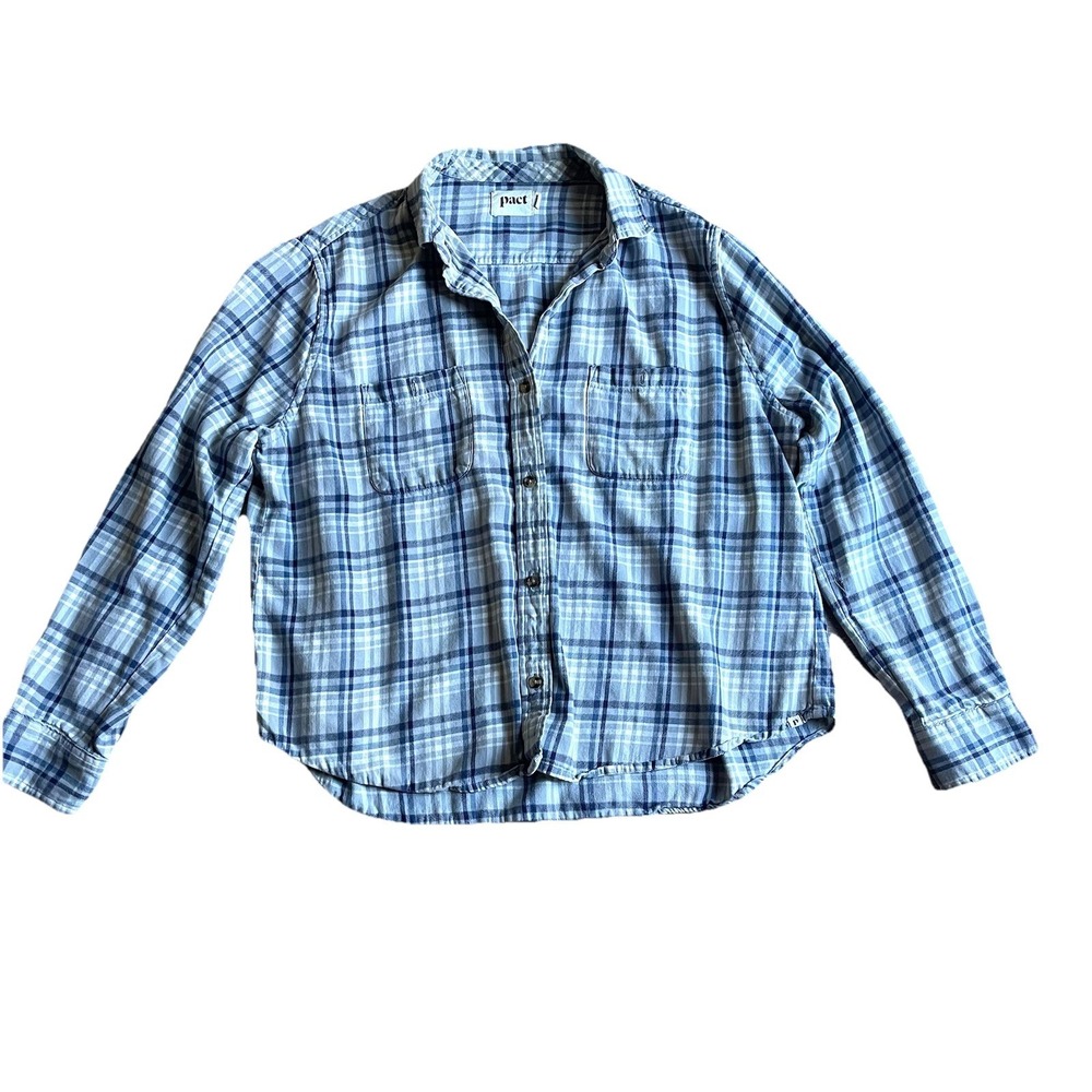 Pact Womens Plaid Flannel Xl Blue Long Sleeve Button Up Organic Cotton Open Neck